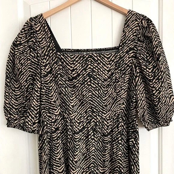 ♦️SOLD♦️ Mango Puff Sleeve Midi Dress Abstract Animal Print Black & Tan Size 10 - Picture 7 of 13